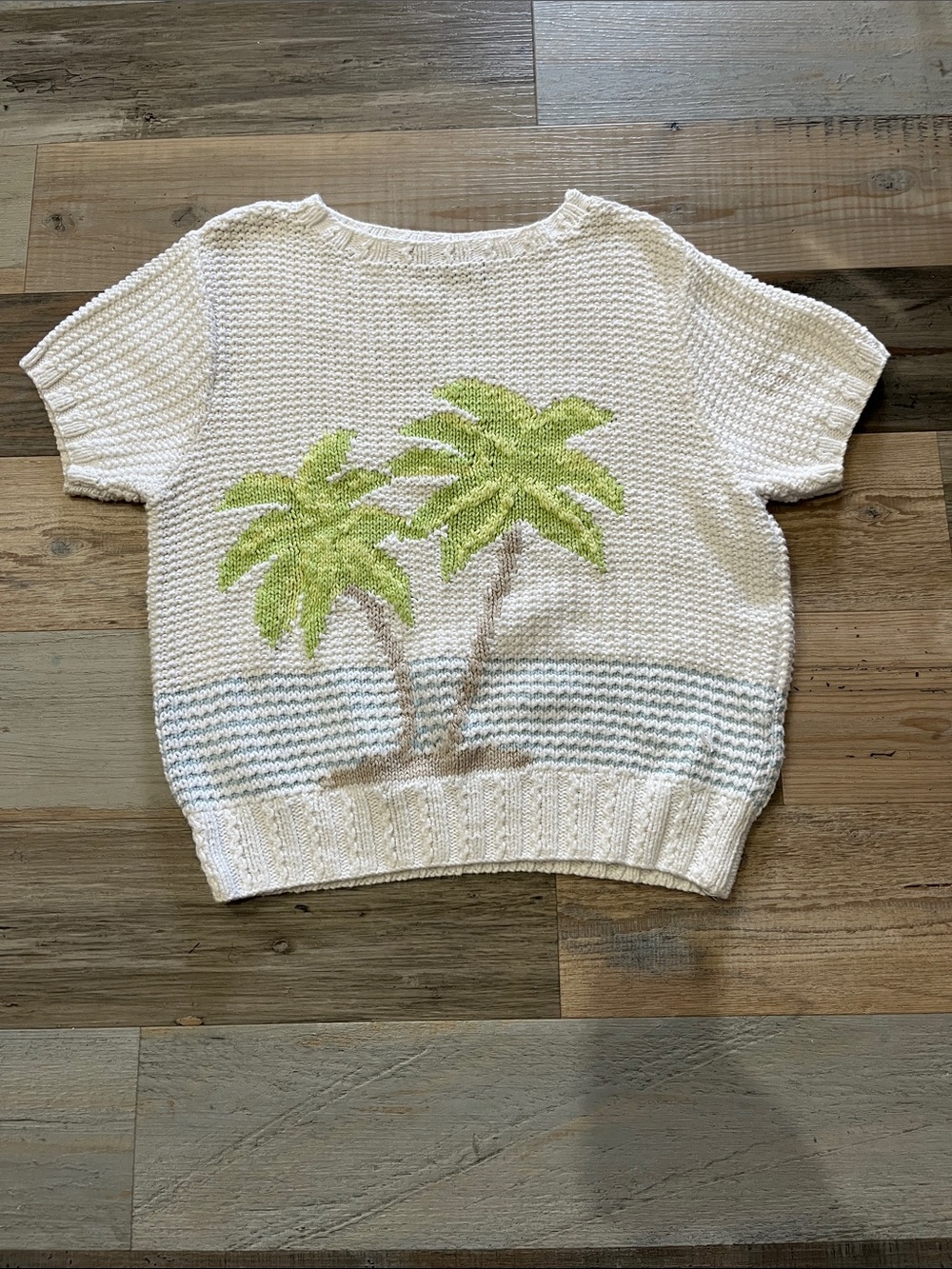 Liz Claiborne Sport knit top green palm tree graphic striped detailing Sz M Vtg
